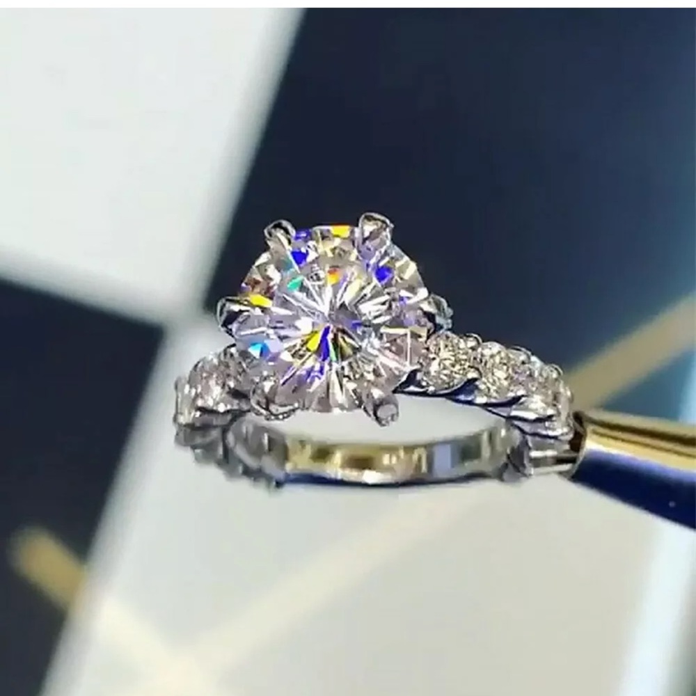 925 Silver Rings Round Cut White Sapphire Ring - Picture 2 of 5